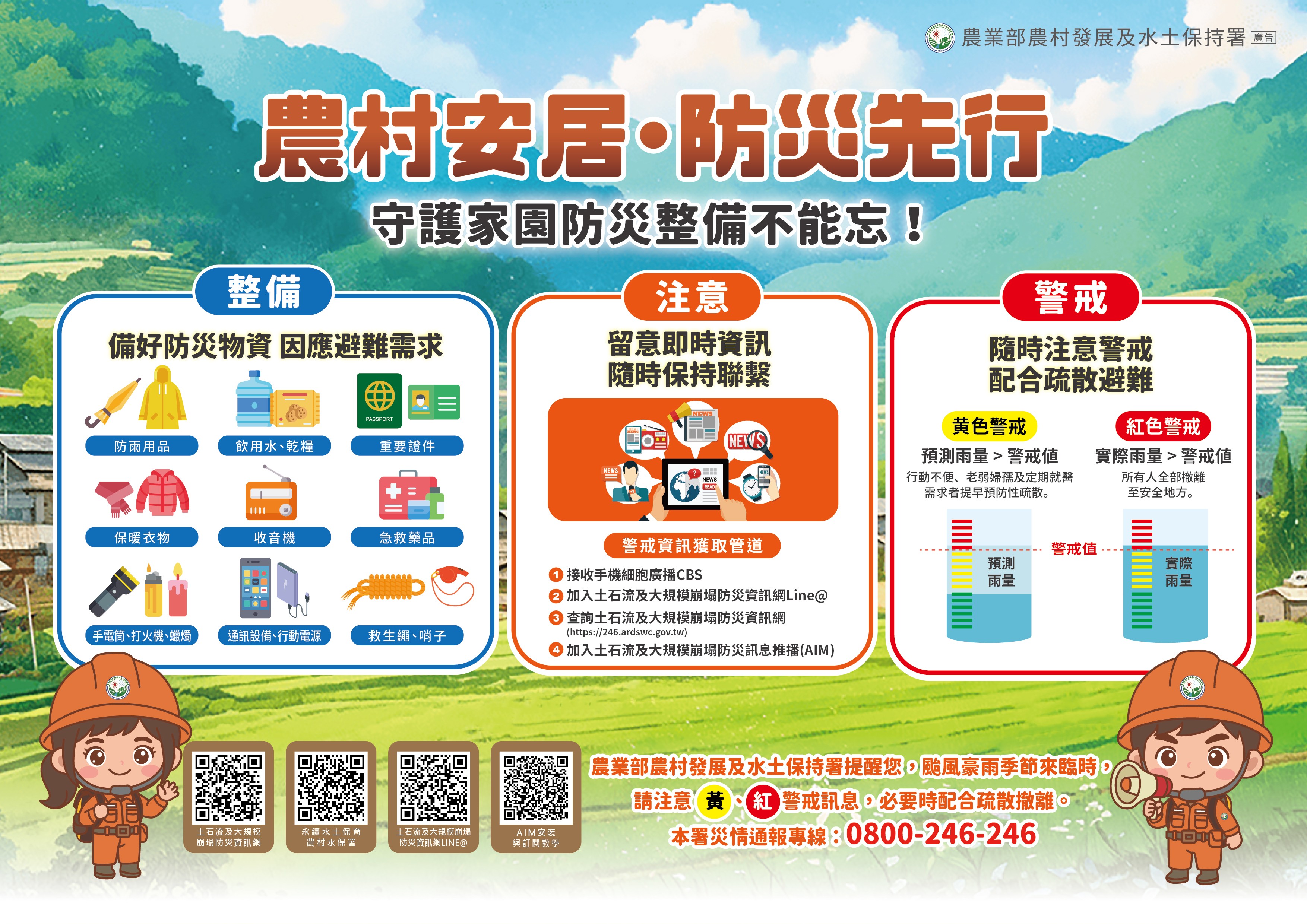 農村水保署提醒您，颱風豪雨期間，請注意黃、紅警戒訊息，必要時配合疏散撤離。